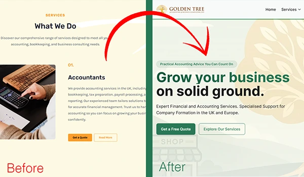 Before and after comparison showing custom design vs generic WordPress templates